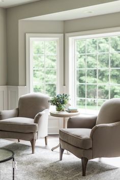 a living room with two chairs and a coffee table in front of windows that look out onto the woods