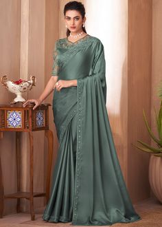 Green Saree, Art Silk Sarees, Trendy Sarees, Gray Silk, Olive Color, Bollywood Saree, Party Wear Sarees, Green Satin