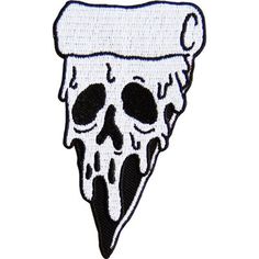 a patch with a slice of pizza in the shape of a skull on it's face