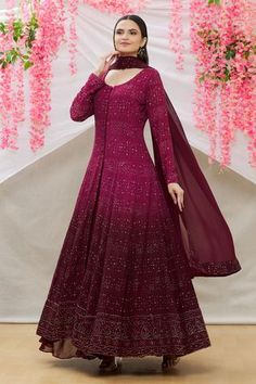 Shop for Neha Mehta Couture Purple Lucknowi Anarkali Lehenga Set for Women Online at Aza Fashions Elegant Lehenga Classy, Anarkali Designs Latest, Anarkali Suits Designer Latest, Lucknowi Anarkali, Dresses Anarkali, Neha Mehta, Lucknowi Embroidery, Elegant Lehenga, Anarkali Suits Designer