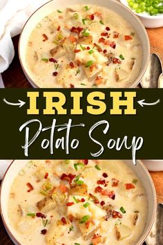 two bowls filled with potato soup on top of a wooden table and the words irish potato soup