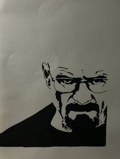 a black and white drawing of a man with glasses on it's face is shown