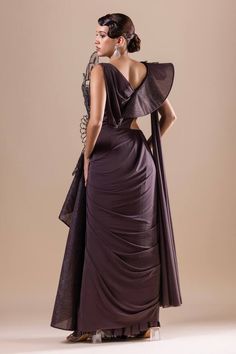 Charcoal grey pre-draped saree gown with crystal, sequins and Swarovski embroidery. - Aza Fashions Evening Pre-draped Saree With Cape Sleeves, Evening Gown With Draped Sleeves, Pre-draped Evening Dress With Pleated Back For Wedding, Fitted Bodice Pre-draped Gown, Draped Ruffle Evening Dress, Draped Ruffles Evening Dress, Fitted Evening Dress With Cape Sleeves For Receptions, Pre-draped Gown With Draped Sleeves For Gala, Draped Gown With Fitted Bodice