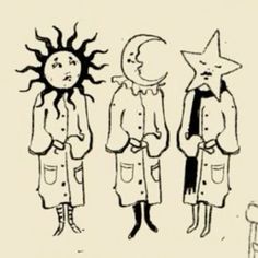 three people standing next to each other with sun and moon on their heads in front of them