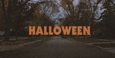 the word halloween spelled out in front of a road surrounded by trees and leaves on an overcast day