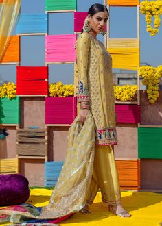 Raw Silk Kurta, Bridal Mehndi Dresses, Party Wears, Daffodil Yellow, Desi Wedding Dresses