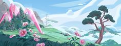 an animated scene with pink flowers and trees