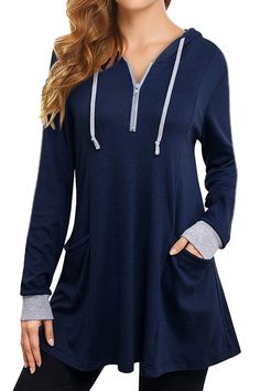 Tunic Hoodies Long Sleeve Zip Up Sweatshirts - Nord Tunic Hoodie, Top Streetwear, Mode Design, Blouse Tops, Solid Clothes, Half Zip Pullover, Long Sleeve Tunic, Womens Tunics, Teen Girls