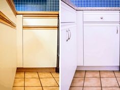 before and after pictures of a kitchen with white cabinets, tile flooring and counter tops