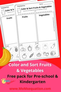 the color and sort fruits and vegetables printable worksheet is shown with two bananas