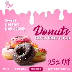 two donuts with sprinkles are on the pink background for this ad