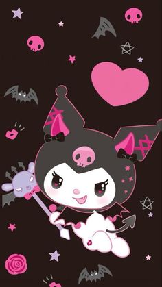 a cartoon character flying through the air with a pink heart on her head and bats around her neck