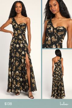 Look like the epitome of style at any soiree this summer with the Lulus Fashionably Refined Black Floral Print One-Shoulder Maxi Dress! This elegant gown is composed of lightweight woven chiffon, decorated with vintage-inspired floral print throughout, that shapes a sweetheart bodice (supported by hidden no-slip strips), while a single gathered wide strap creates a one-shoulder neckline. A high, fitted waist tops a flowy A-line skirt that falls to a maxi hem, accented with a sultry thigh-high si Fitted Bodice Maxi Dress For Summer Evening, One-shoulder Fitted Bodice Summer Evening Dress, Summer Evening Dress With Fitted Bodice And Asymmetrical Neckline, Summer Maxi Dress With Fitted Bodice For Formal Occasions, Summer One Shoulder Floor-length Dress For Prom, Summer One Shoulder Floor-length Prom Dress, Floor-length One Shoulder Dress For Summer Prom, Summer Prom One-shoulder Floor-length Dress, Summer Evening One Shoulder Maxi Dress