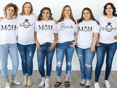 six women wearing matching shirts with the words moh and bridesmaid printed on them