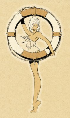 a drawing of a woman in a sailor's outfit holding a life preserver