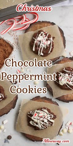 chocolate peppermint cookies with white frosting and candy canes on the side