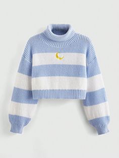 Women's Striped Drop Shoulder High Neck Knitted Sweater With Moon Embroidery Baby Blue Casual  Long Sleeve Knitwear Colorblock Pullovers Slight Stretch  Women Clothing, size features are:Bust: ,Length: ,Sleeve Length: Moon Embroidery, Boho Prom, Coachella Dress, Business Formal Dress, Women Sweaters, Preppy Casual, Boho Summer, Inspiration Mode, Knitted Sweater