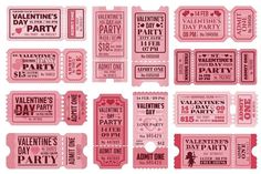 pink valentine's day party tickets with hearts on the front and back, all in different