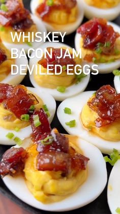 bacon jam deviled eggs on a plate with the words whiskey bacon jam deviled eggs