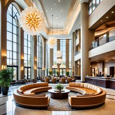 a large lobby with couches and chandelier hanging from it's ceiling