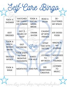 the self care bingo game with blue stars