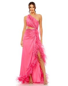 Mac Duggal Satin fabric (100% polyester) Fully lined through body Asymmetrical one shoulder neckline Sleeveless Feathered hemline Open back Concealed back zipper Approx. 62.5" from top of shoulder to bottom hem Available in Hot Pink and Lime Style #11689 Satin One Shoulder Top For Party, Evening Satin One Shoulder Top, Satin One Shoulder Top For Spring Party, Spring Satin One Shoulder Top For Party, Spring Satin One-shoulder Top, Hot Pink Formal Dresses, Magenta Bridesmaid, Magenta Bridesmaid Dresses, Dresses Feathers