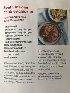 the menu for south african chutney chicken