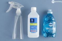 three different types of cleaning products on a blue surface