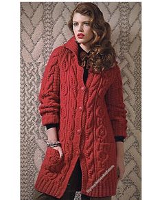 *Instant Download Knitting Pattern PDF - 549*  Offering a vintage pattern to make a cosy and stylish Women's Long Jacket / Coat.  Fancy cables and figure-flattering shape. Cable panel is worked from a chart. SIZE S, M, L.   Finished Measurements (bust buttoned): 38''- 50'' Length: 33,5-35,5''. Wool/ Yarn required: Chunky/ Bulky size 5 yarn, 5.5mm and 6mm knitting needles, 5.5mm 80cm/ 32'' circular needle, cable needle, 5 buttons.  YOU WILL RECEIVE A PDF file of the original vintage pattern. Not Coat Patterns Free, Sweater Coat Knitting Pattern, Chunky Coat, Cable Crochet, Patons Classic Wool, Aran Knitting Patterns, Long Jackets For Women, Chunky Knitting Patterns, Chunky Knitting