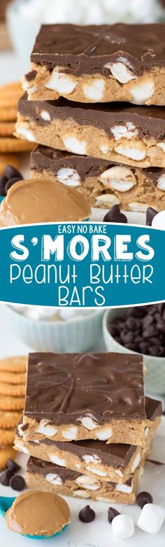 s'mores peanut butter bars stacked on top of each other