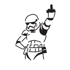 a black and white drawing of a star wars trooper pointing at something with his hand