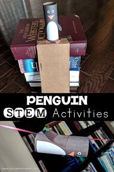 there is a penguin made out of some books