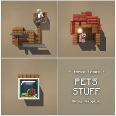 four different types of pet stuff displayed in pixel art style with text that reads three ideas - pets stuff