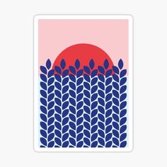 the sun is setting behind some blue leaves sticker on a pink background with an orange circle