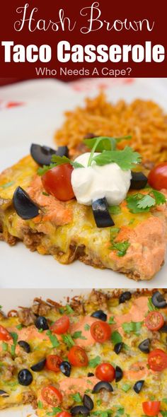 a close up of a slice of taco casserole on a plate with rice