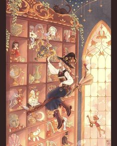 a painting of a woman flying through the air on top of a shelf filled with dolls