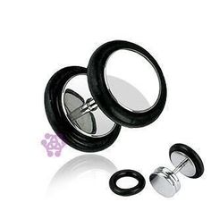 an image of two black and silver ear plugs with metal rings on white background