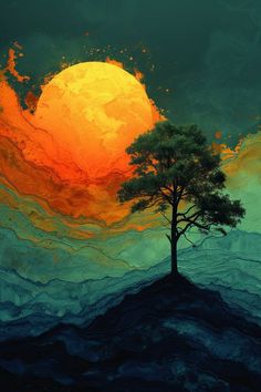 a painting of a tree on top of a hill with the sun in the background