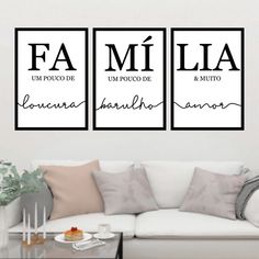 three black and white wall art pieces with the words famila in spanish on them