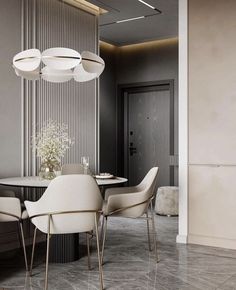 an elegant dining room with white chairs and a round table surrounded by modern lighting fixtures