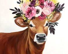 a painting of a cow with flowers on its head