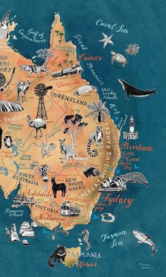 an illustrated map of australia with animals and places to see on it's side