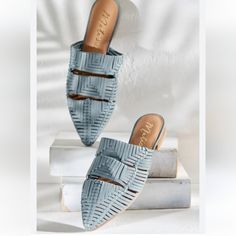 Matisse Women's East End Woven Leather Pointed Toe Slip On Mules Sky Blue #9 Brand New Without Tag. Pointed Toe. These Are Super Chic So Stylish Love The Sky Blue Lush Leather And The Woven Pattern. Gorgeous Woven Leather Upper. Spot Clean. Leather Lining. Heel Height.5". Slip On Mule. Blue Leather Flat Heel Mules, Blue Leather Mules With Flat Heel, Trendy Blue Slip-on Mules, Casual Blue Flat-heel Mules, Casual Blue Mules With Flat Heel, Blue Flat Heel Summer Mules, Blue Flat Heel Mules For Summer, Blue Flat Heel Mules For Spring, Blue Leather Mules For Summer