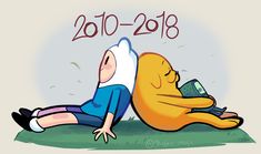 a cartoon character laying on the ground next to another character holding a cell phone in their hand