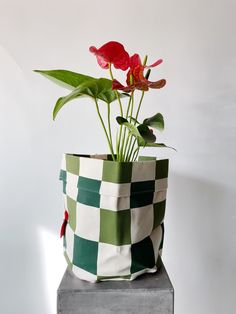 a green and white checkered bag with a red flower in it on a table