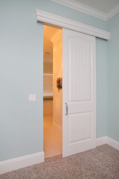 an empty room with blue walls and carpeted flooring, two doors open to the bedroom