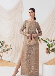 A luxurious formal gown in a nude peach hue, crafted from organza, is adorned with exquisite jal work. Intricate geometric and floral patterns embellish the front, sleeves, and back, painstakingly hand-decorated with crystals, sitara, cut dana, pearl, and salma, lending it a lavish appearance. Paired elegantly with straight pants, this ensemble exudes sophistication and opulence. Nude Formal Dresses, Heavy Suits, Pakistani Bridal Lehenga, Wedding Dresses Pakistani, Bridal Mehndi Dresses, Desi Fits, Pakistani Bridal Dress, Chibi Wallpaper, Pakistani Formal Dresses