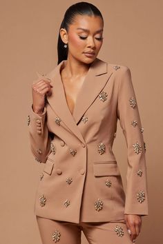 Verona Embellished Jacket - Mocha | Fashion Nova, Luxe | Fashion Nova Business Dress Women, Clueless Outfits, Embellished Jacket, Blazer Designs, Fashion Attire, White Blazer, Luxe Fashion, Suit Fashion, White Fashion