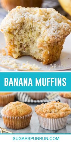 banana muffins cut in half and stacked on top of each other with text overlay