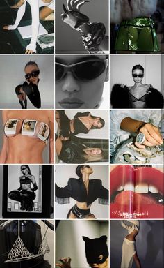 the collage shows many different images of women in black and white outfits, with one woman's hand on her hip